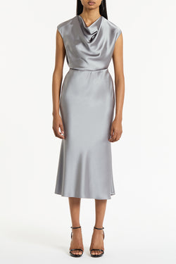 SILVER SATIN COWL NECK TOP