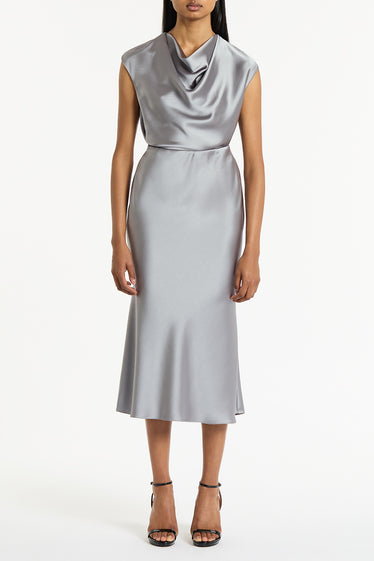 SILVER SATIN COWL NECK TOP