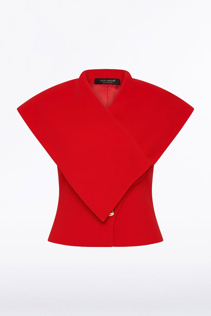 RED CREPE WRAP SLEEVELESS JACKET