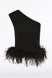BLACK CREPE CROPPED FEATHER TRIMMED BODICE