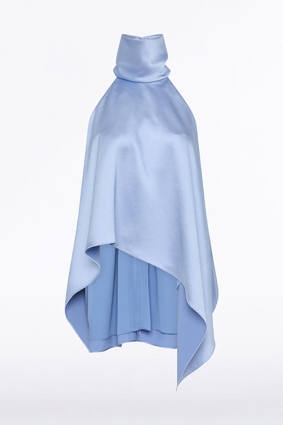 CORNFLOWER SATIN DRAPED HALTER TOP