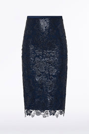 NAVY FOILED LACE PENCIL SKIRT