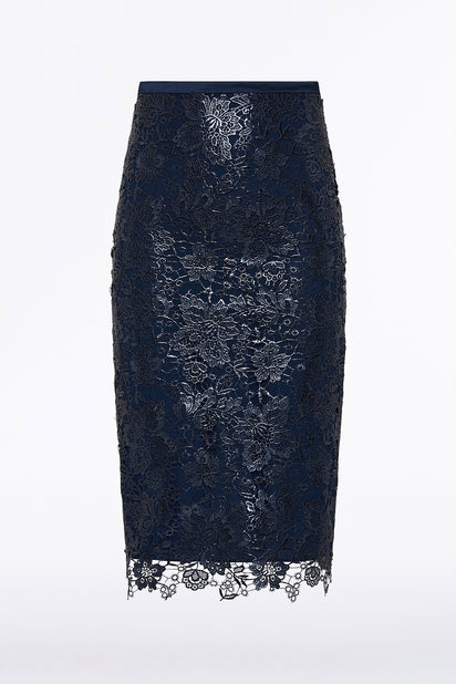 NAVY FOILED LACE PENCIL SKIRT