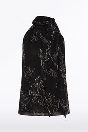 BLACK LINEAR FLORAL GATHERED HALTER TOP