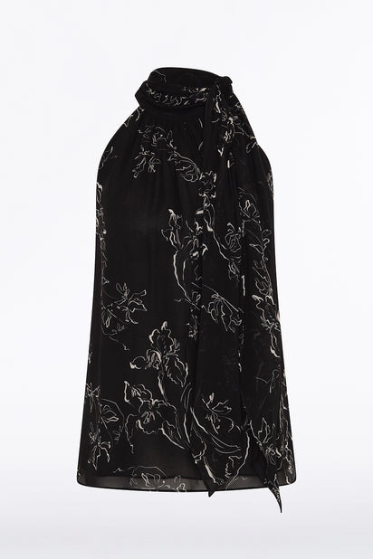 BLACK LINEAR FLORAL GATHERED HALTER TOP