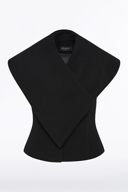 BLACK CREPE WRAP SLEEVELESS JACKET