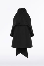 BLACK TAFFETA RUFFLE BOW DETAIL TOP