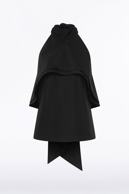 BLACK TAFFETA RUFFLE BOW DETAIL TOP