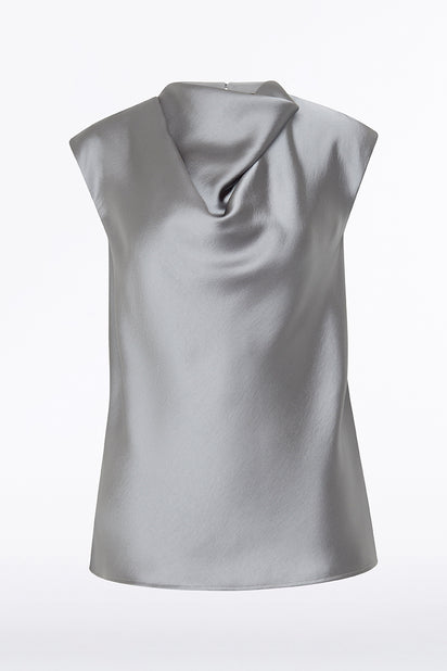 SILVER SATIN COWL NECK TOP
