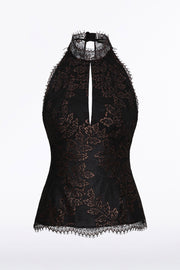 BLACK METALLIC LACE HALTER TOP