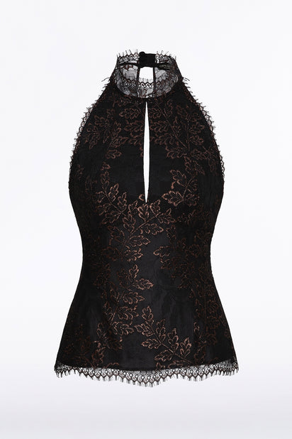 BLACK METALLIC LACE HALTER TOP