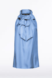 STEEL BLUE SILK TWILL RUFFLE HALTER TOP