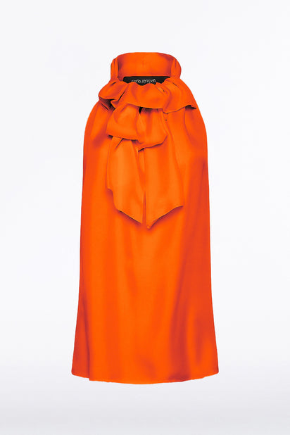 TANGERINE SILK TWILL RUFFLE HALTER TOP