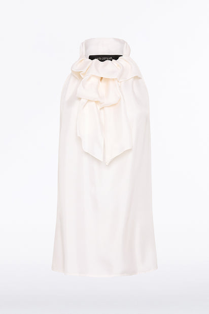 WHITE SILK TWILL RUFFLE HALTER TOP