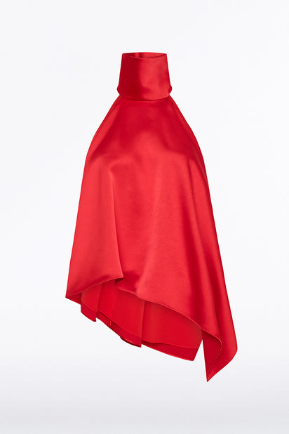 RED SATIN DRAPED HALTER TOP