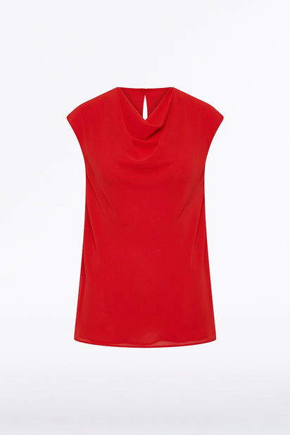 RED GEORGETTE CAP SLEEVE COWL TOP