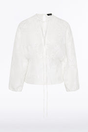 WHITE MESH JACQUARD PUFF SLEEVE BLOUSE