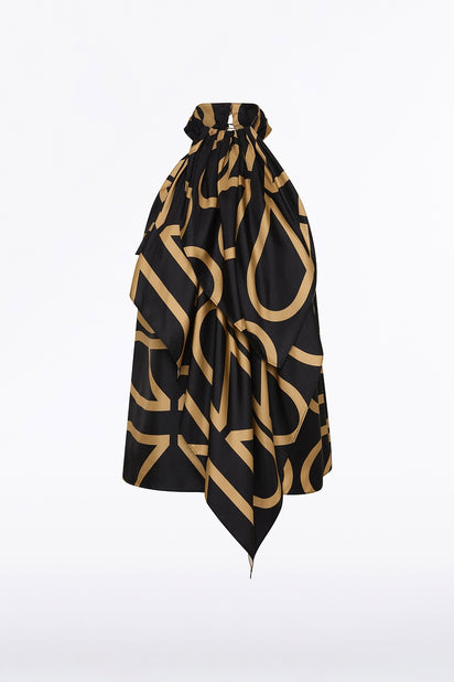 BLACK AND BRANDY GRID SILK TWILL RUFFLE HALTER TOP