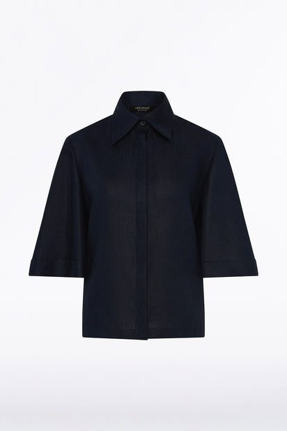 NAVY LINEN SHORT SLEEVE SHIRT