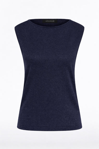 NAVY METALLIC KNIT CAP SLEEVE TOP