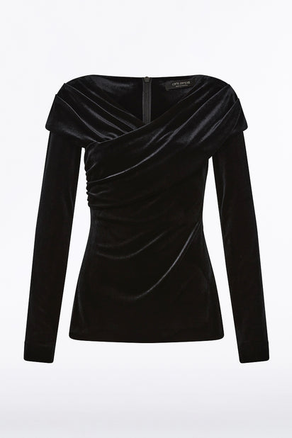 BLACK VELVET DRAPED SHOULDER TOP