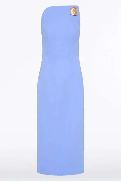 CORNFLOWER CREPE ASYMMETRIC DRESS