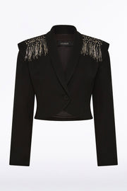 BLACK CREPE FRINGE CROPPED JACKET