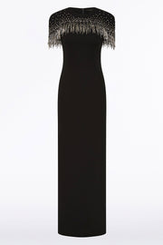 BLACK CREPE FRINGE CAPE GOWN