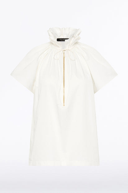 WHITE COTTON TAFFETA RUFFLE BLOUSE