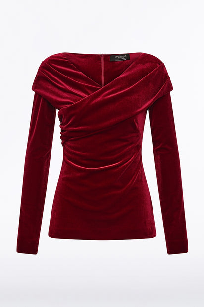 ROUGE VELVET DRAPED SHOULDER TOP
