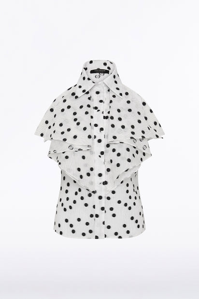 WHITE AND BLACK SPOT JACQUARD SLEEVELESS RUFFLE BLOUSE