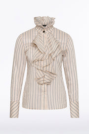 BEIGE SILK TENCEL STRIPE FRILL FRONT SHIRT