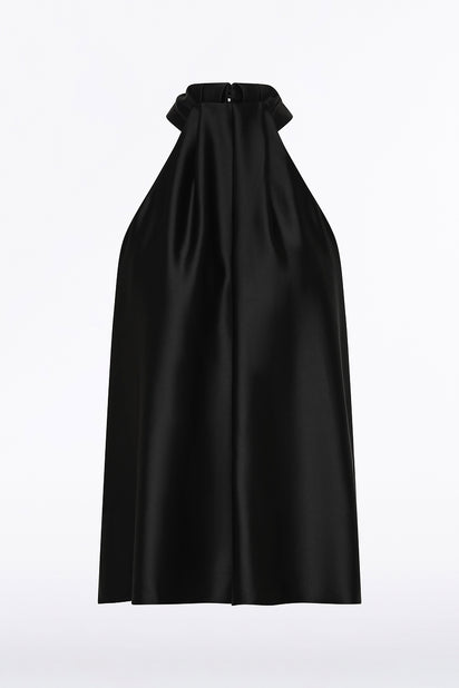 BLACK LUSTRE SATIN DRAPE NECK TOP