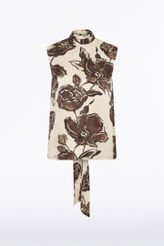 MOCHA BOUQUET SILK VISCOSE TIE NECK TOP