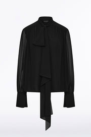 BLACK GEORGETTE BOW FRONT BLOUSE