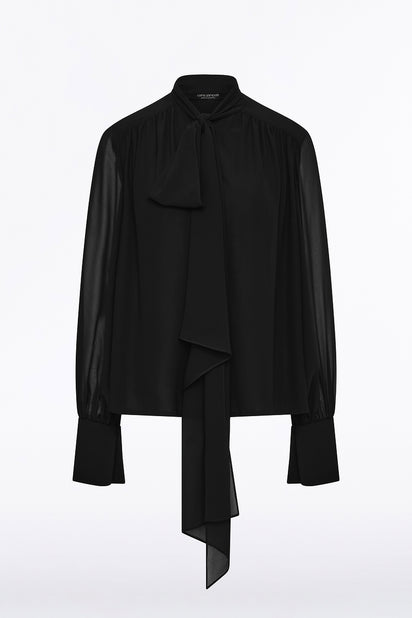 BLACK GEORGETTE BOW FRONT BLOUSE