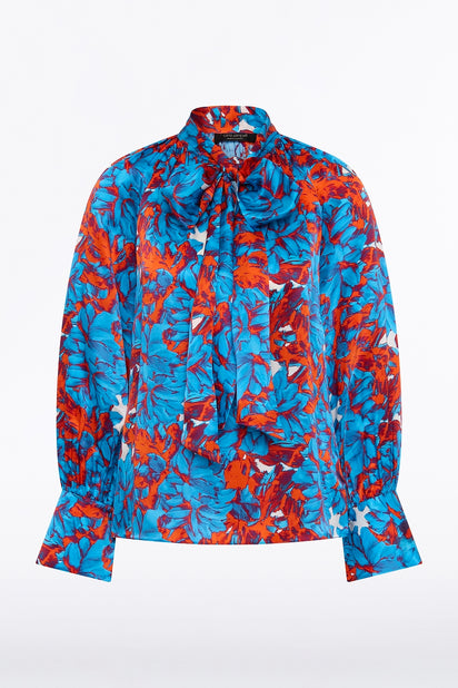 IMPASTO PRINT SILK TIE NECK BLOUSE
