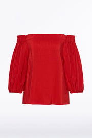 CRIMSON LINEN BLEND OFF-SHOULDER TOP