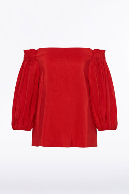 CRIMSON LINEN BLEND OFF-SHOULDER TOP
