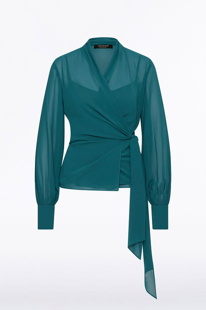 SERPENTINE GEORGETTE LONG SLEEVE WRAP TOP