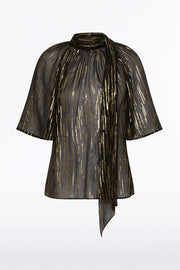 BLACK METALLIC SILK JACQUARD FLUTED SLEEVE TOP