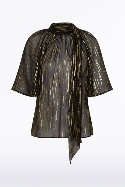 BLACK METALLIC SILK JACQUARD FLUTED SLEEVE TOP