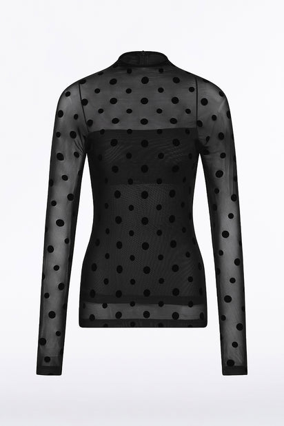 BLACK MESH SPOT LONG SLEEVE TOP