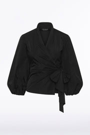 BLACK TAFFETA PUFF SLEEVE WRAP TOP