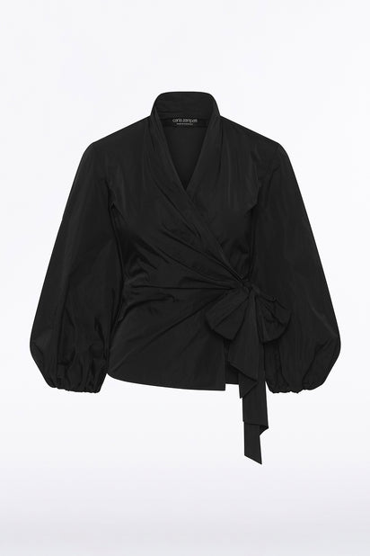 BLACK TAFFETA PUFF SLEEVE WRAP TOP