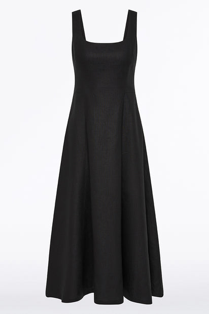 BLACK LINEN SQUARE NECK MIDI DRESS