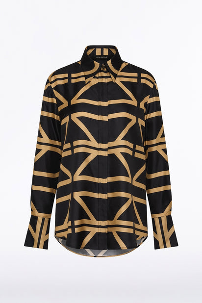BLACK AND BRANDY GRID SILK TWILL RELAXED SHIRT
