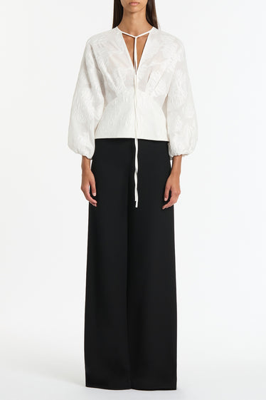 WHITE MESH JACQUARD PUFF SLEEVE BLOUSE