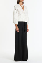 WHITE MESH JACQUARD PUFF SLEEVE BLOUSE