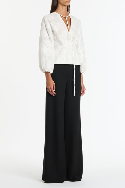 WHITE MESH JACQUARD PUFF SLEEVE BLOUSE